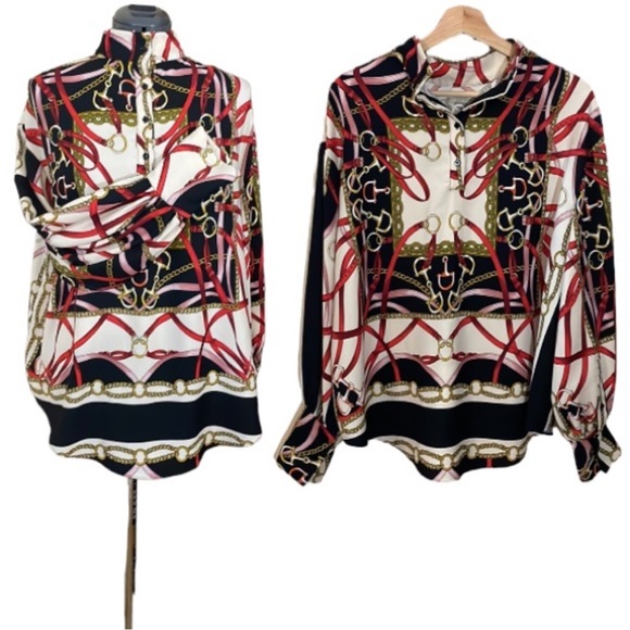 Zara Equestrian Chains and Harness Print Blouse Size Large - Picture 1 of 15